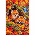 Fox Cubs Autumn Hollow Log Diamond Painting Kit — finished diamond painting on white background