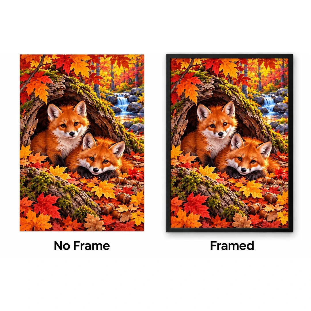 Fox Cubs Autumn Hollow Log Diamond Painting Kit — No Frame and Framed style comparison