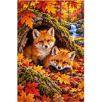 Fox Cubs Autumn Hollow Log Diamond Painting Kit — original white-background artwork