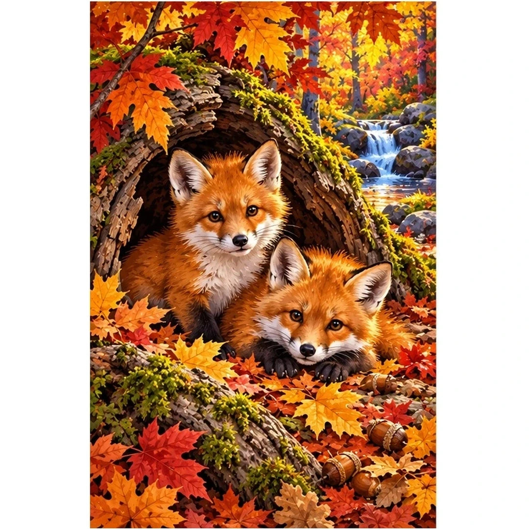 Fox Cubs Autumn Hollow Log Diamond Painting Kit — original white-background artwork