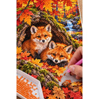 Fox Cubs Autumn Hollow Log Diamond Painting Kit — diamond painting application process