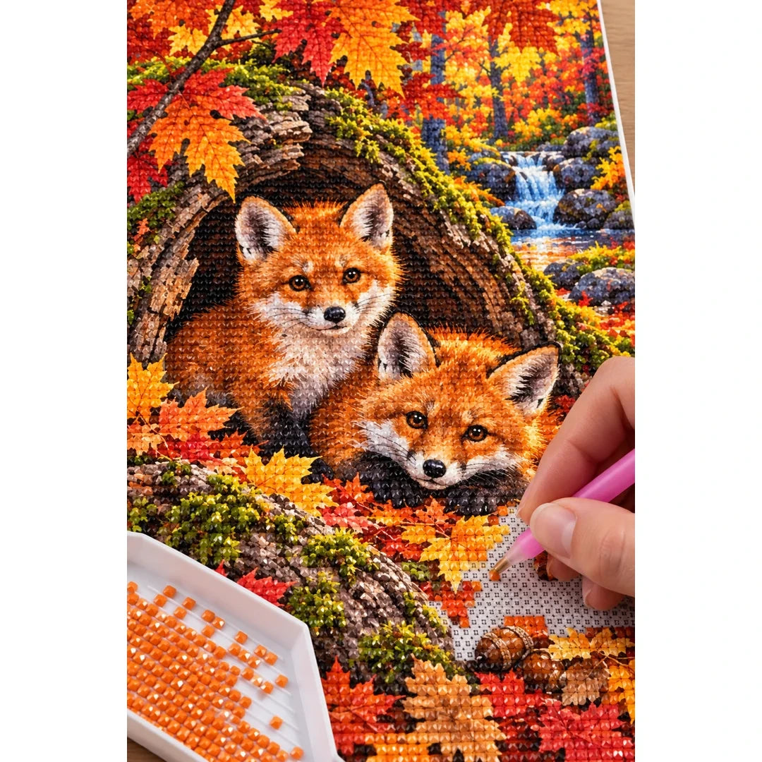 Fox Cubs Autumn Hollow Log Diamond Painting Kit — diamond painting application process