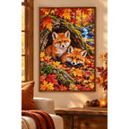 Fox Cubs Autumn Hollow Log Diamond Painting Kit — finished diamond painting in a home setting