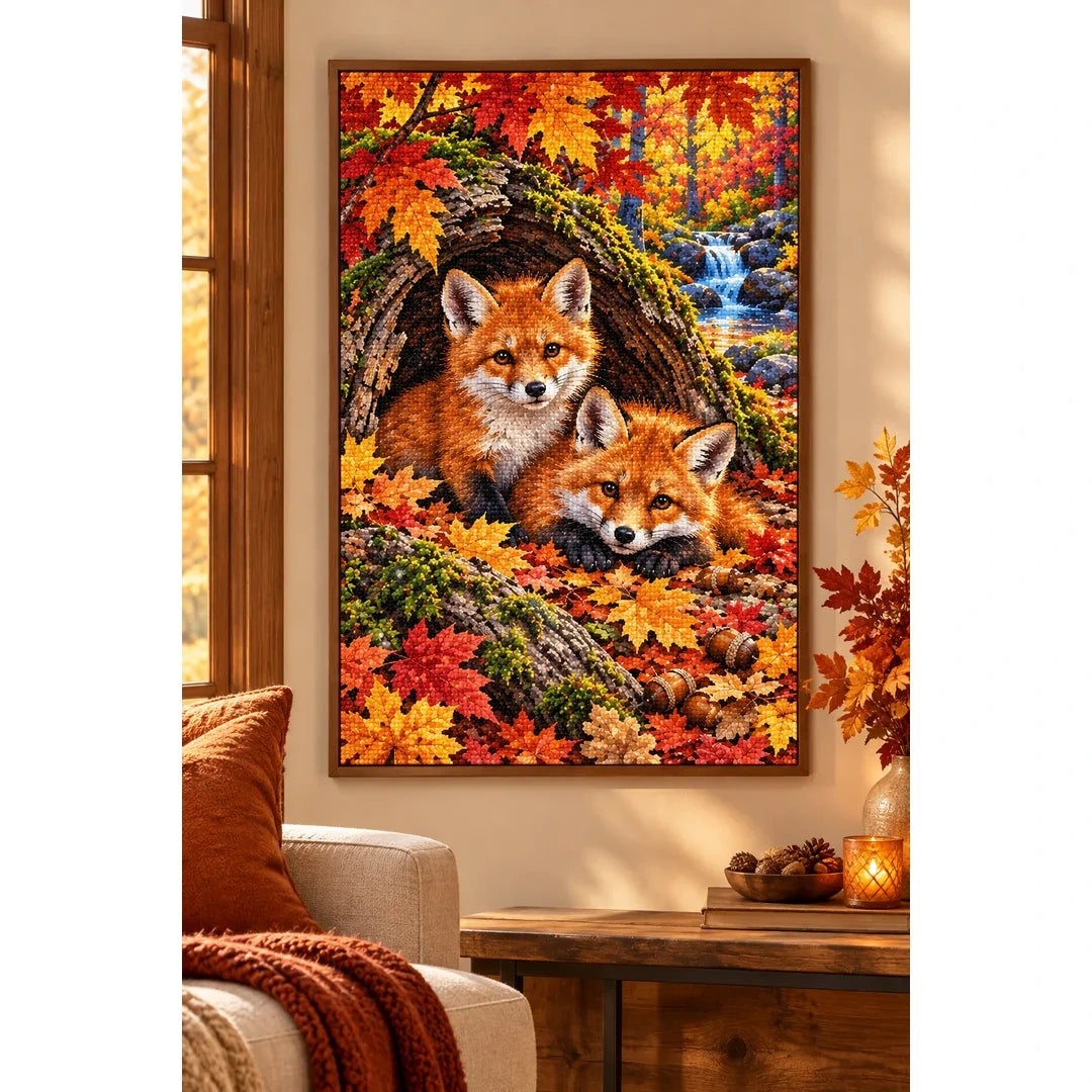 Fox Cubs Autumn Hollow Log Diamond Painting Kit — finished diamond painting in a home setting