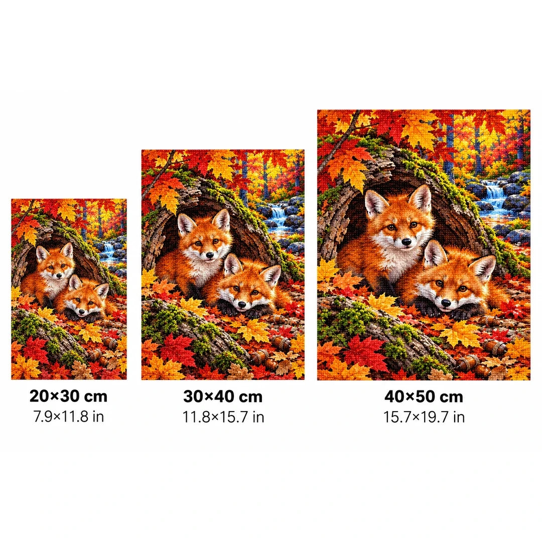 Fox Cubs Autumn Hollow Log Diamond Painting Kit — 20 by 30, 30 by 40, and 40 by 50 centimeter size guide