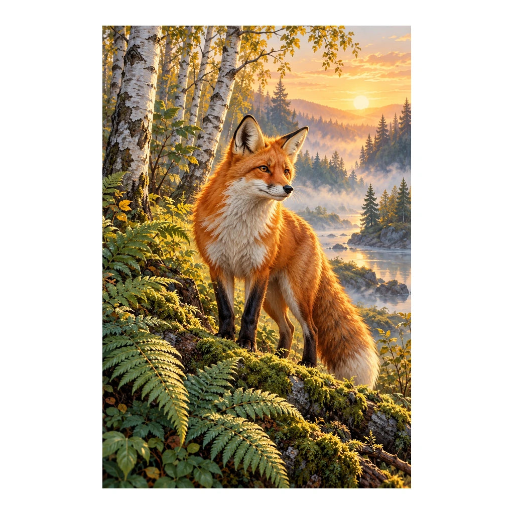 Original artwork for Fox Among Ferns at Sunrise Diamond Painting Kit on a white background