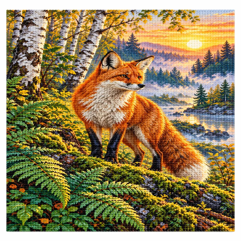 Completed diamond painting for Fox Among Ferns at Sunrise Diamond Painting Kit on a white background