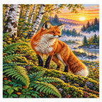 Completed diamond painting for Fox Among Ferns at Sunrise Diamond Painting Kit on a white background