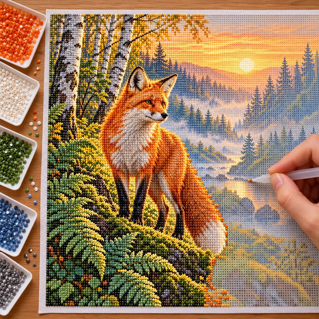 Hands-on diamond painting process for Fox Among Ferns at Sunrise Diamond Painting Kit