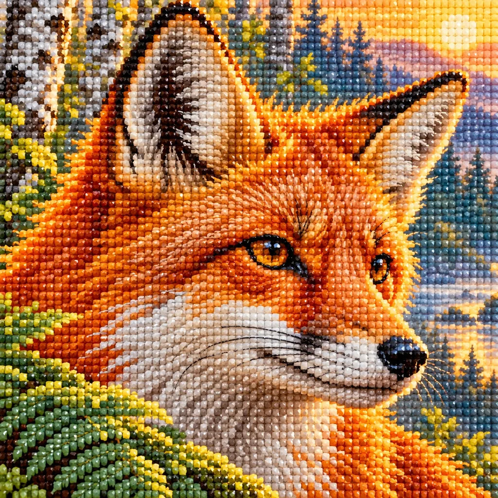 Close-up diamond drill detail for Fox Among Ferns at Sunrise Diamond Painting Kit