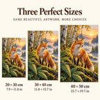 Size guide for Fox Among Ferns at Sunrise Diamond Painting Kit showing 20 × 30 cm, 30 × 40 cm, and 40 × 50 cm