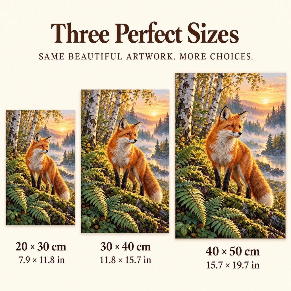 Size guide for Fox Among Ferns at Sunrise Diamond Painting Kit showing 20 × 30 cm, 30 × 40 cm, and 40 × 50 cm
