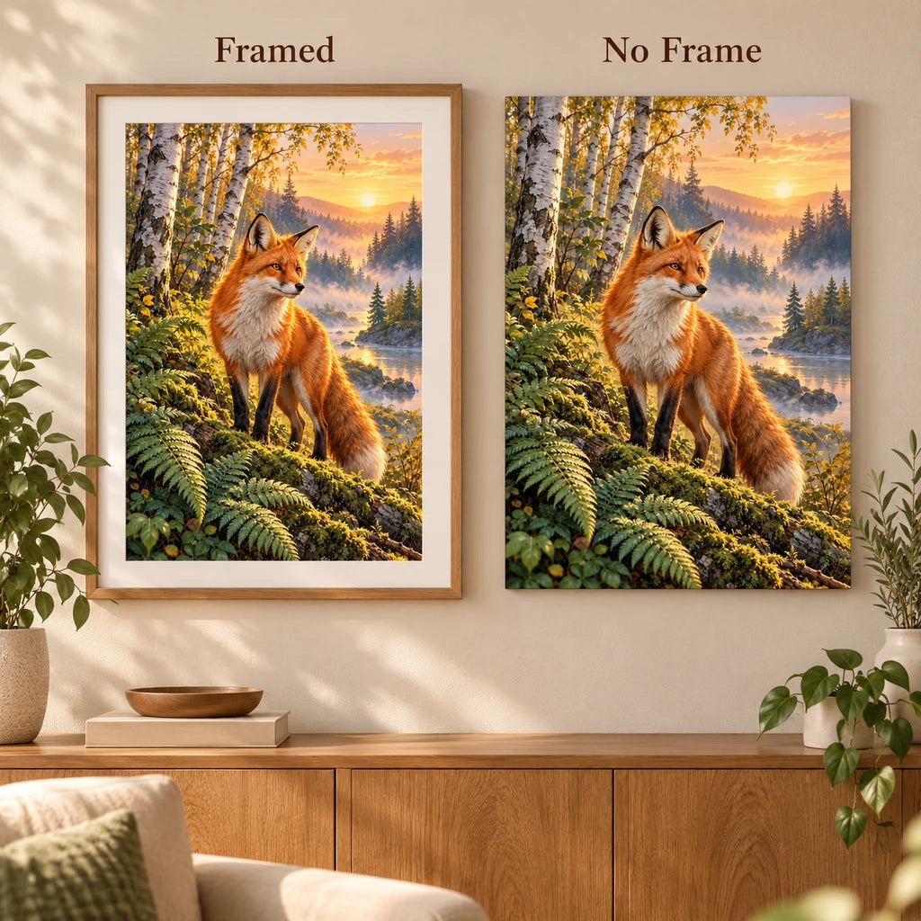 Framed and no-frame comparison for Fox Among Ferns at Sunrise Diamond Painting Kit