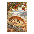 White-background original artwork of fox in an autumn orchard