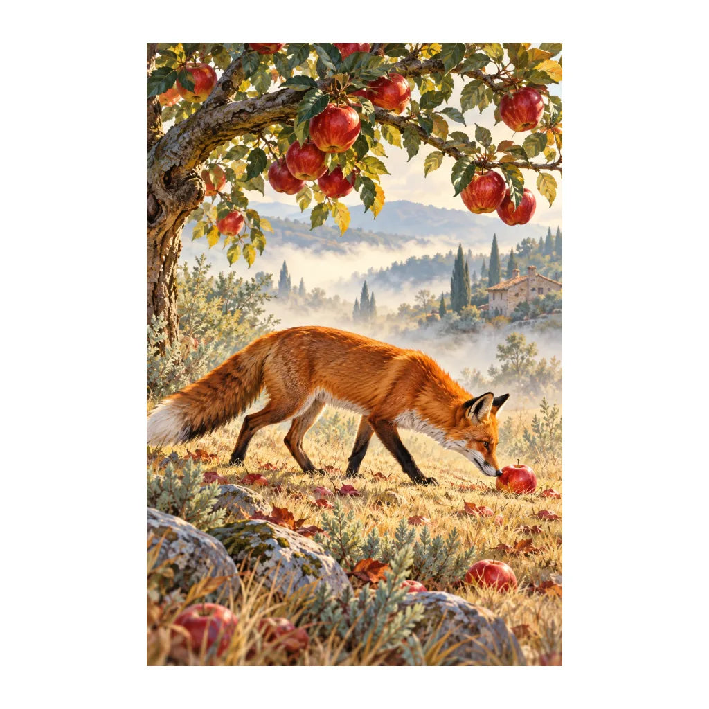 White-background original artwork of fox in an autumn orchard