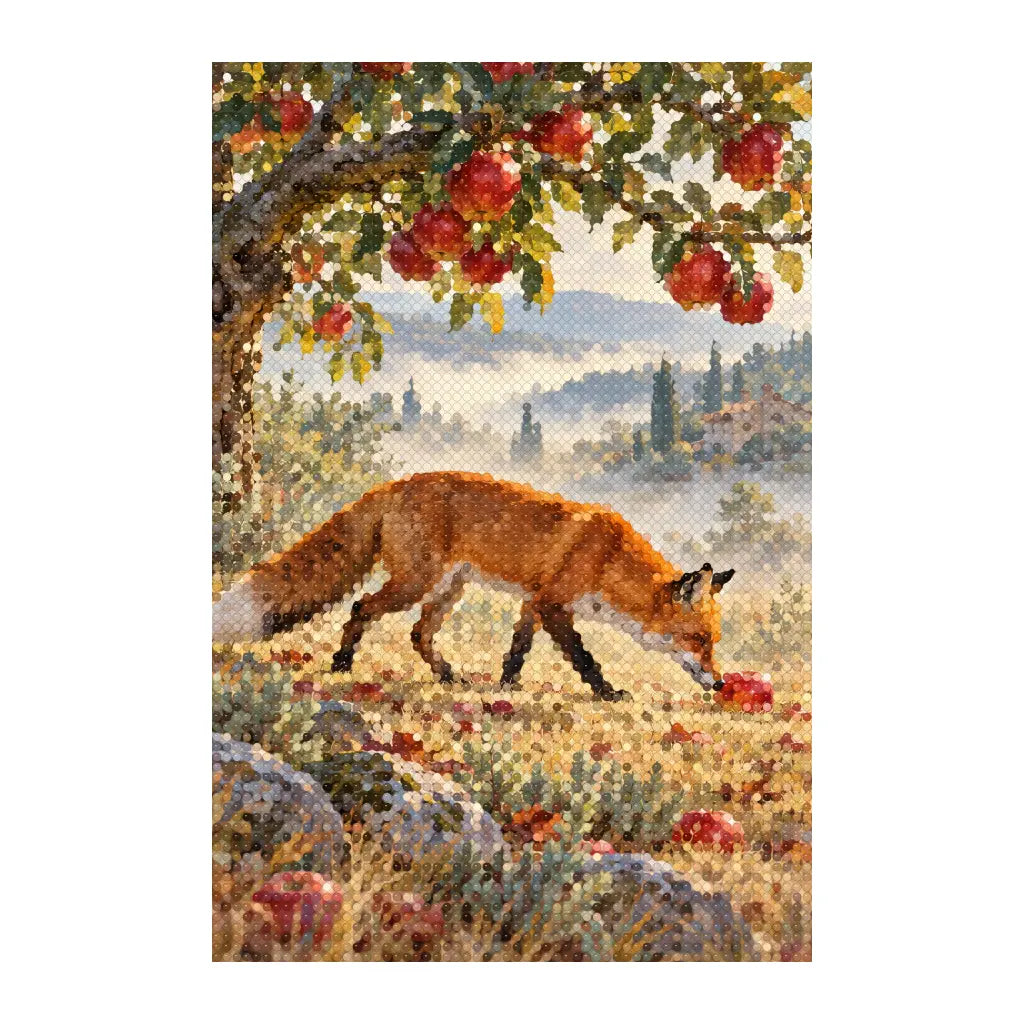 White-background finished diamond painting of fox in an autumn orchard