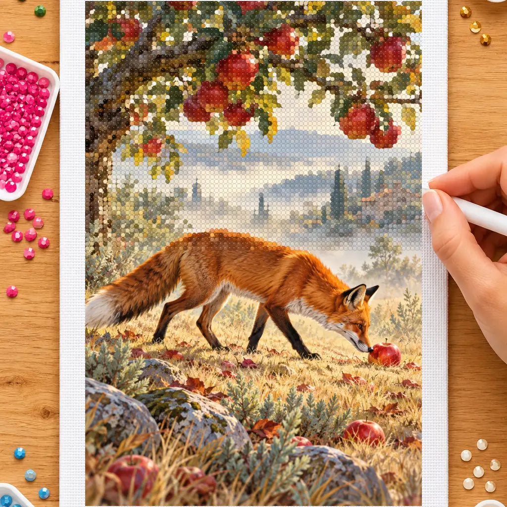 Hands placing drills on the fox in an autumn orchard diamond painting canvas