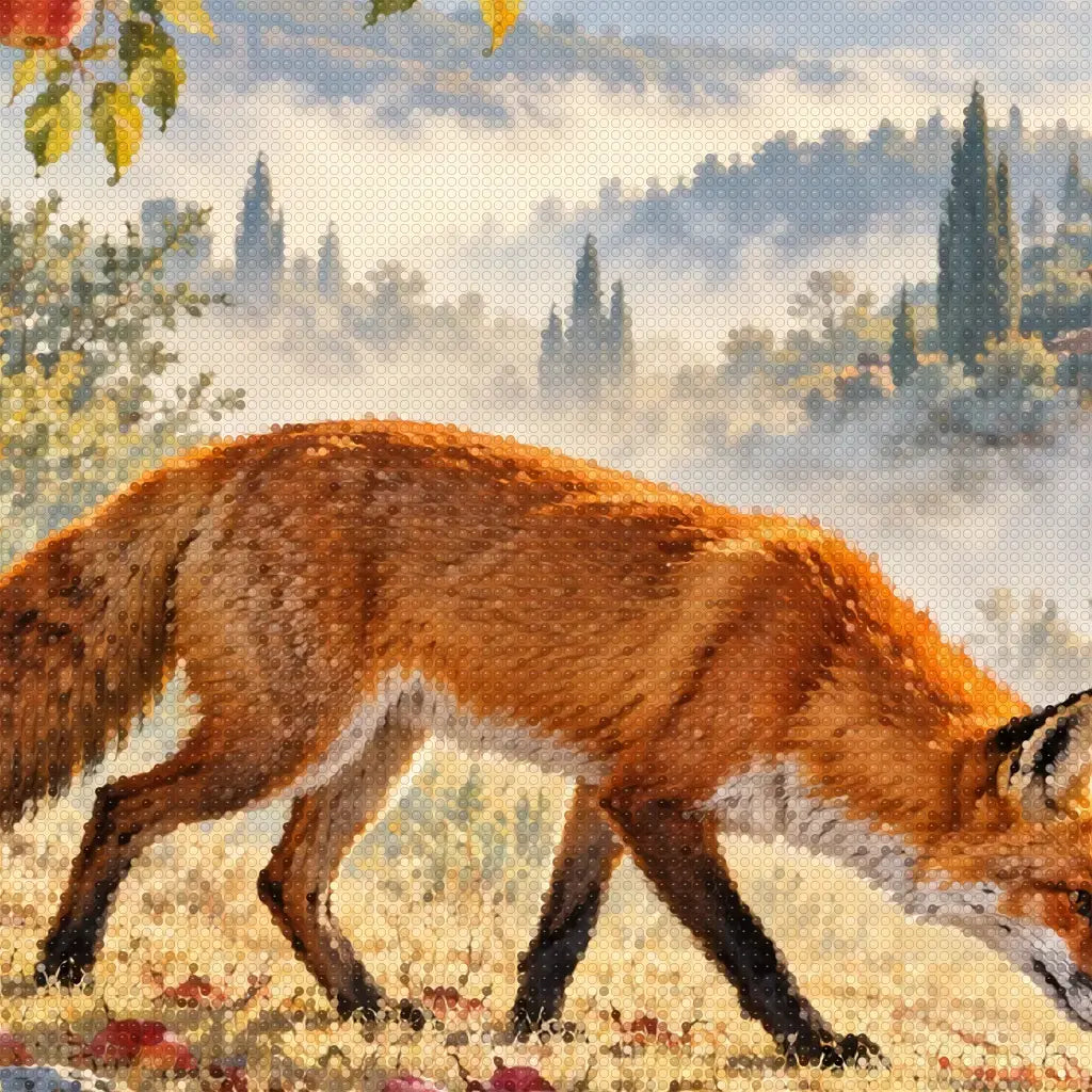 Close-up diamond detail of the fox in an autumn orchard diamond painting