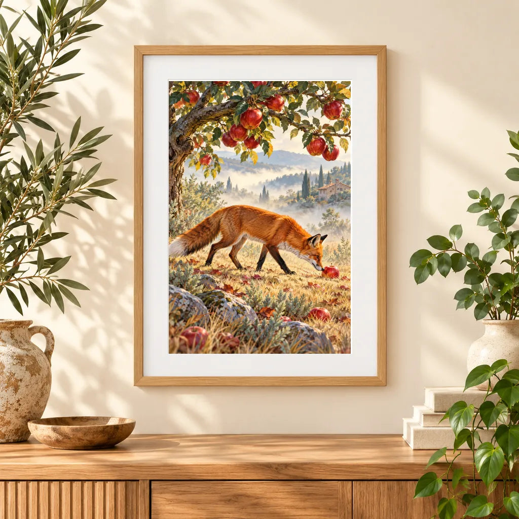 Framed home display of the fox in an autumn orchard diamond painting