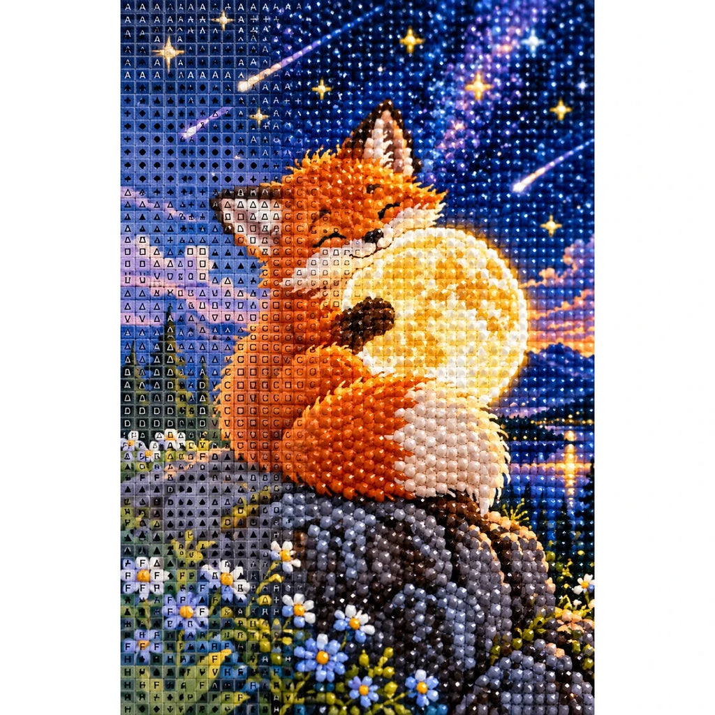 Fox Moon Stargazing Diamond Painting Kit diamond and canvas detail