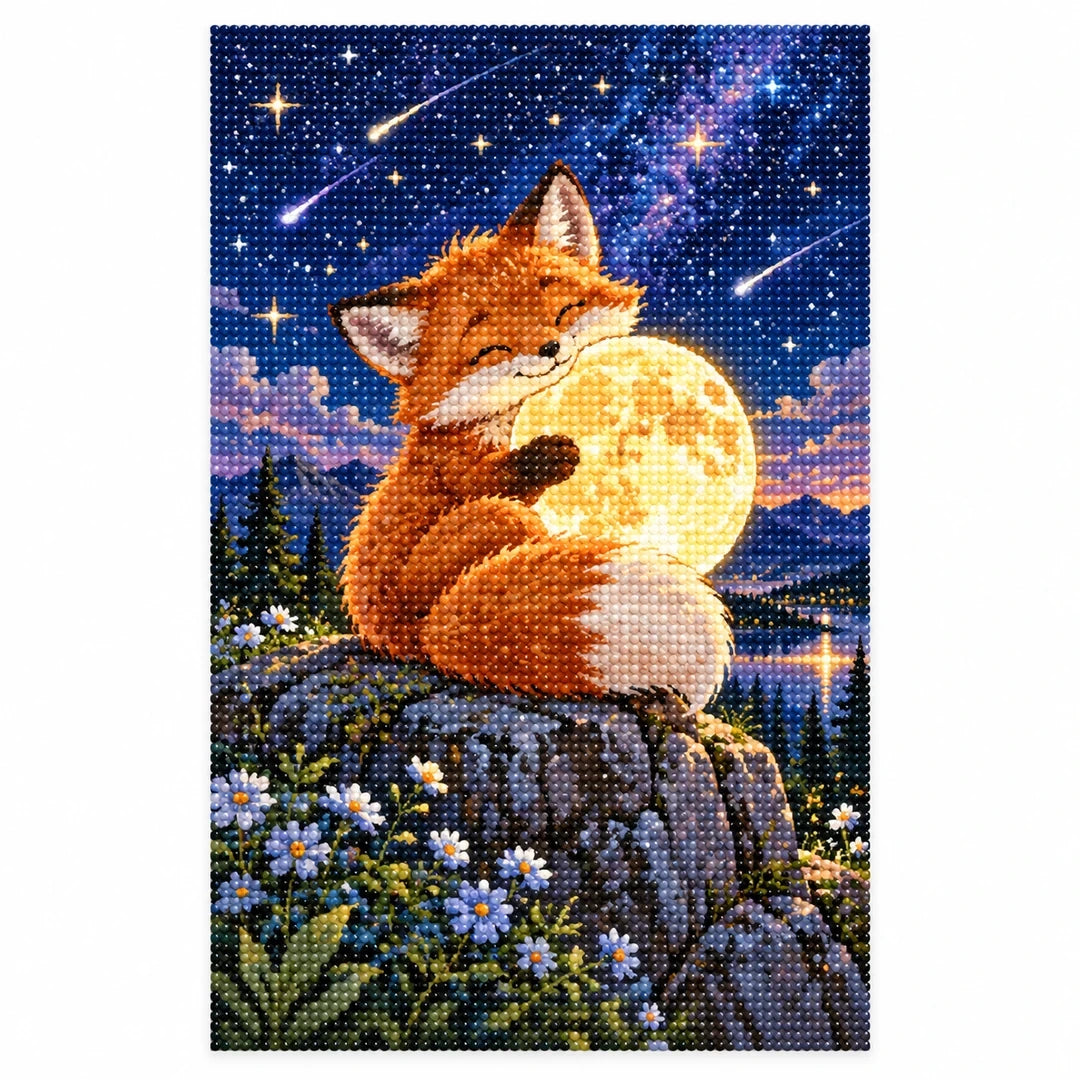 Fox Moon Stargazing Diamond Painting Kit finished diamond artwork on white background