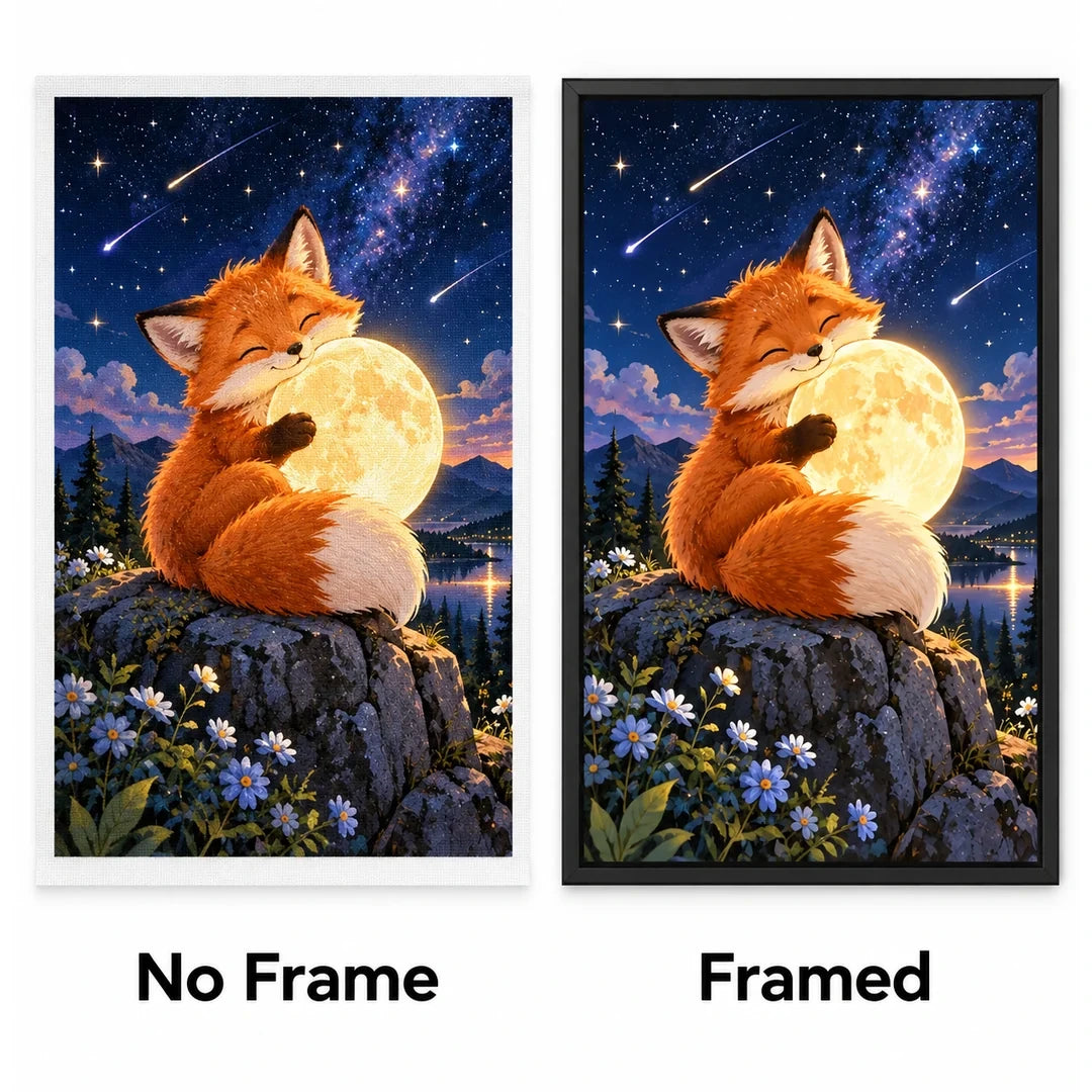 Fox Moon Stargazing Diamond Painting Kit No Frame and Framed comparison