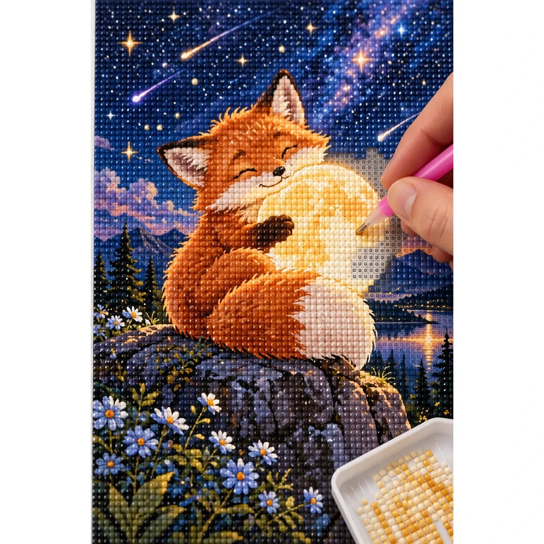 Fox Moon Stargazing Diamond Painting Kit diamond placement process