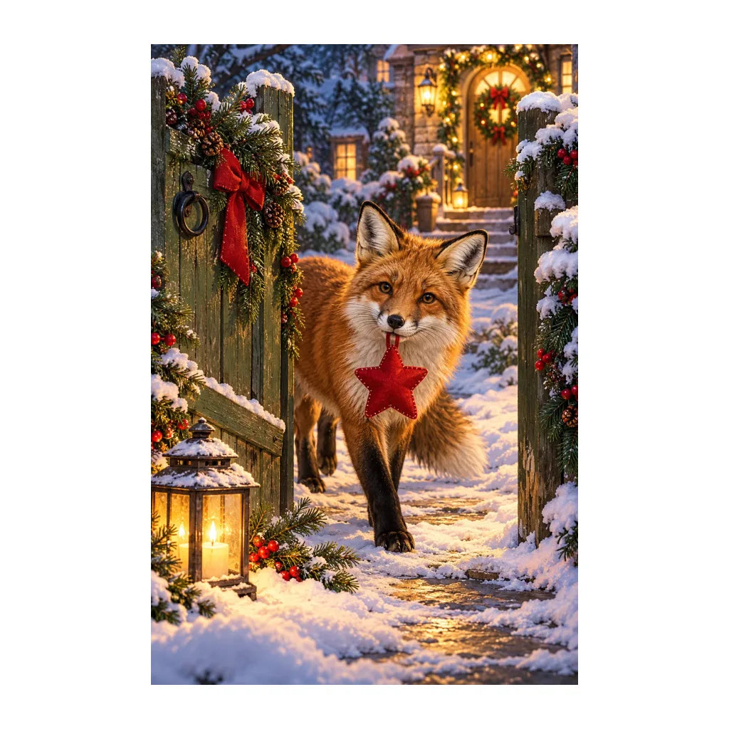 White-background original artwork of fox with a felt star ornament