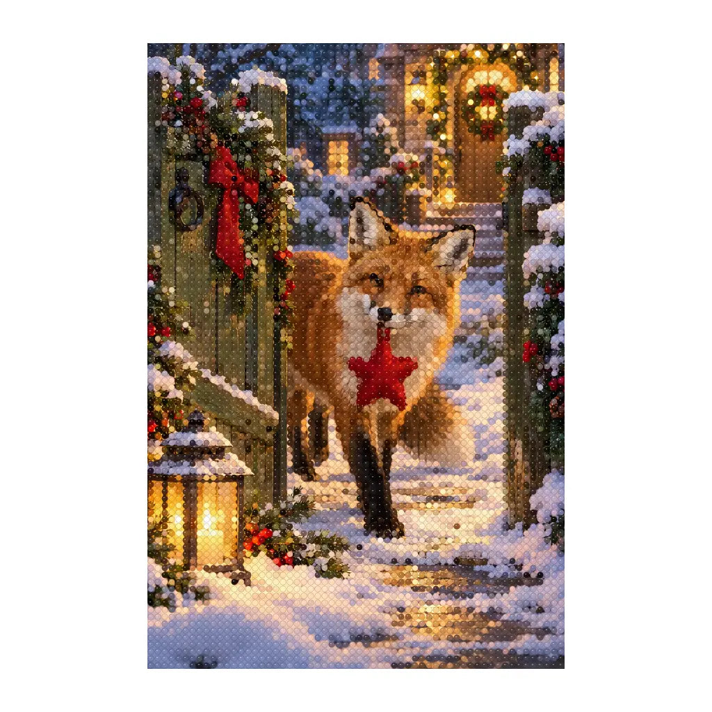 White-background finished diamond painting of fox with a felt star ornament