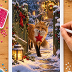 Hands placing drills on the fox with a felt star ornament diamond painting canvas