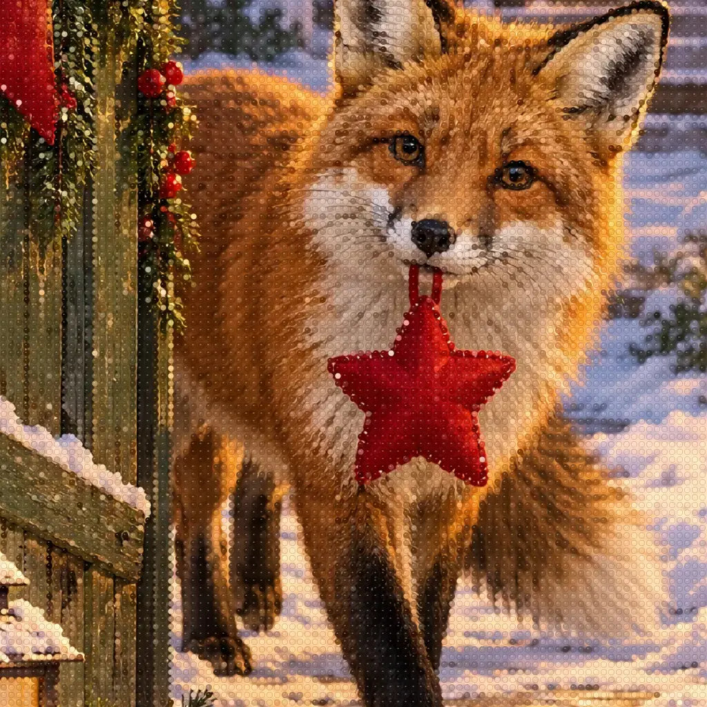 Close-up diamond detail of the fox with a felt star ornament diamond painting