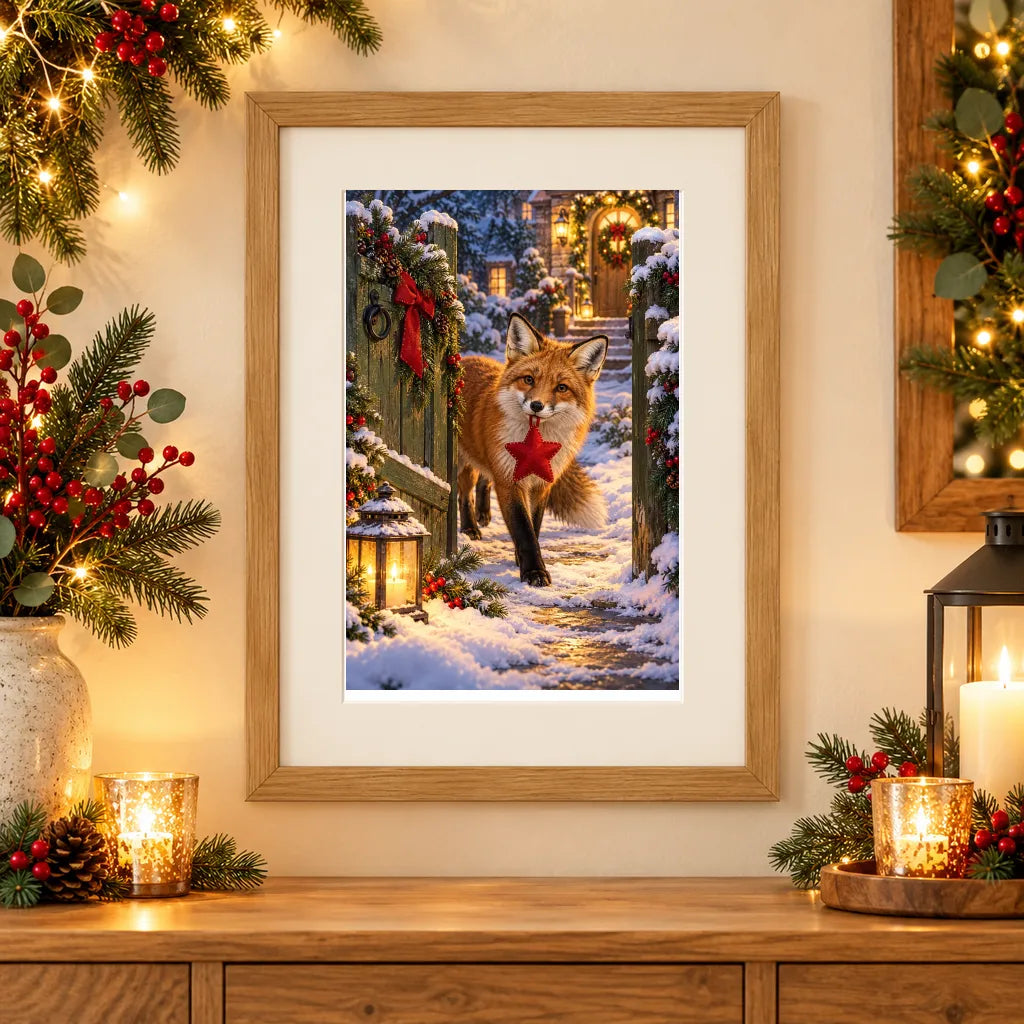 Framed home display of the fox with a felt star ornament diamond painting