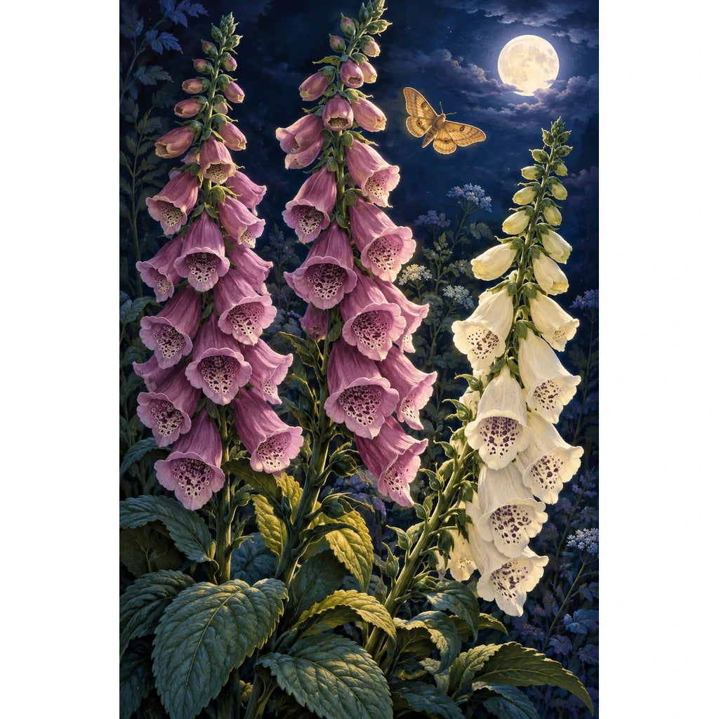 Pink and ivory foxgloves beneath a full moon with a golden moth: original artwork on a clean white background