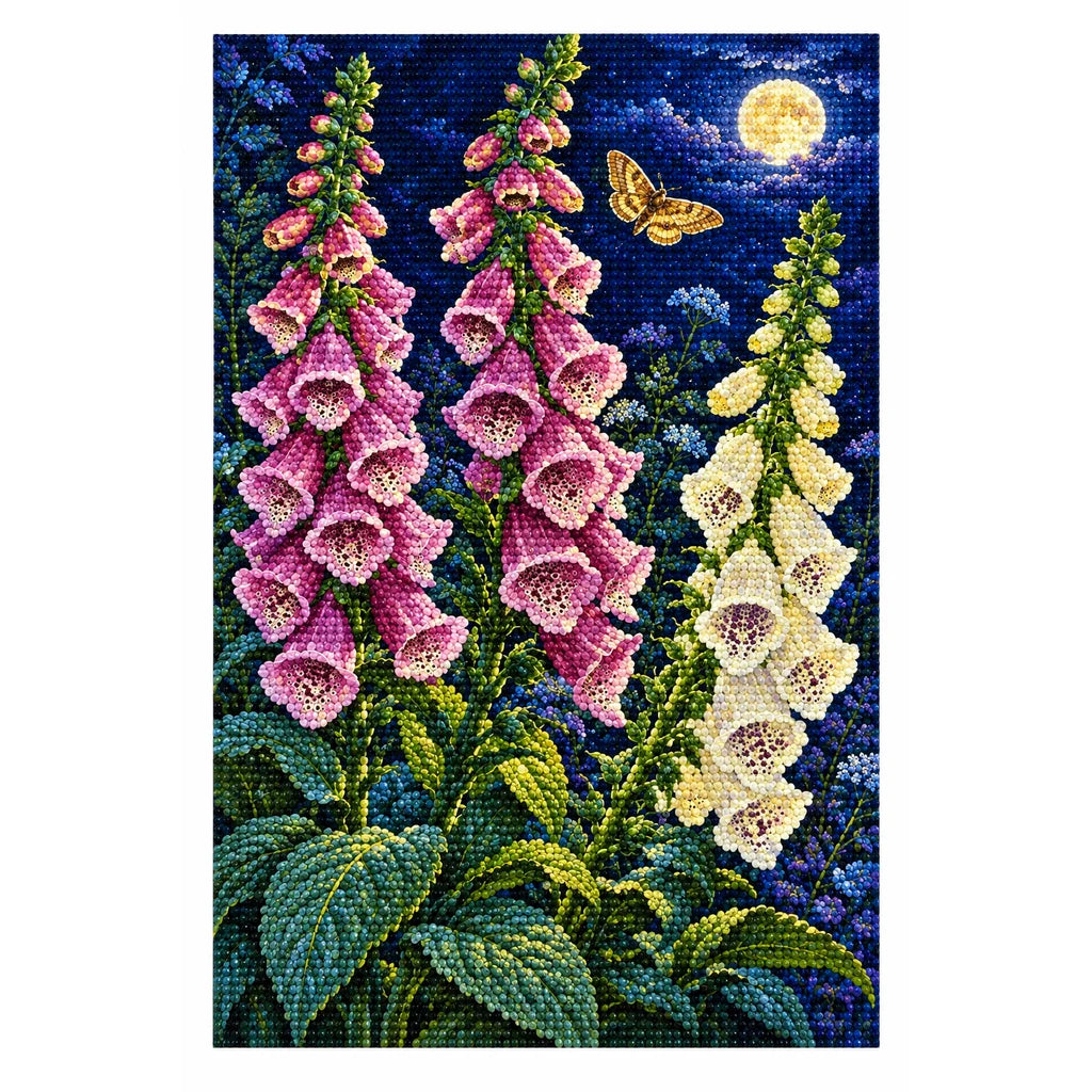Pink and ivory foxgloves beneath a full moon with a golden moth: finished diamond painting on a clean white background