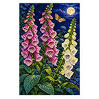 Pink and ivory foxgloves beneath a full moon with a golden moth: finished diamond painting on a clean white background