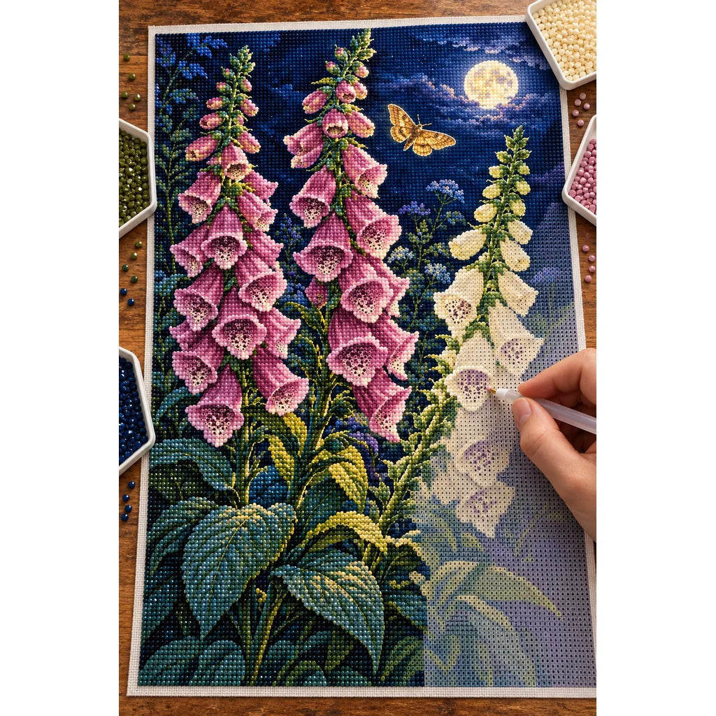 Pink and ivory foxgloves beneath a full moon with a golden moth: diamond painting in progress with a pen