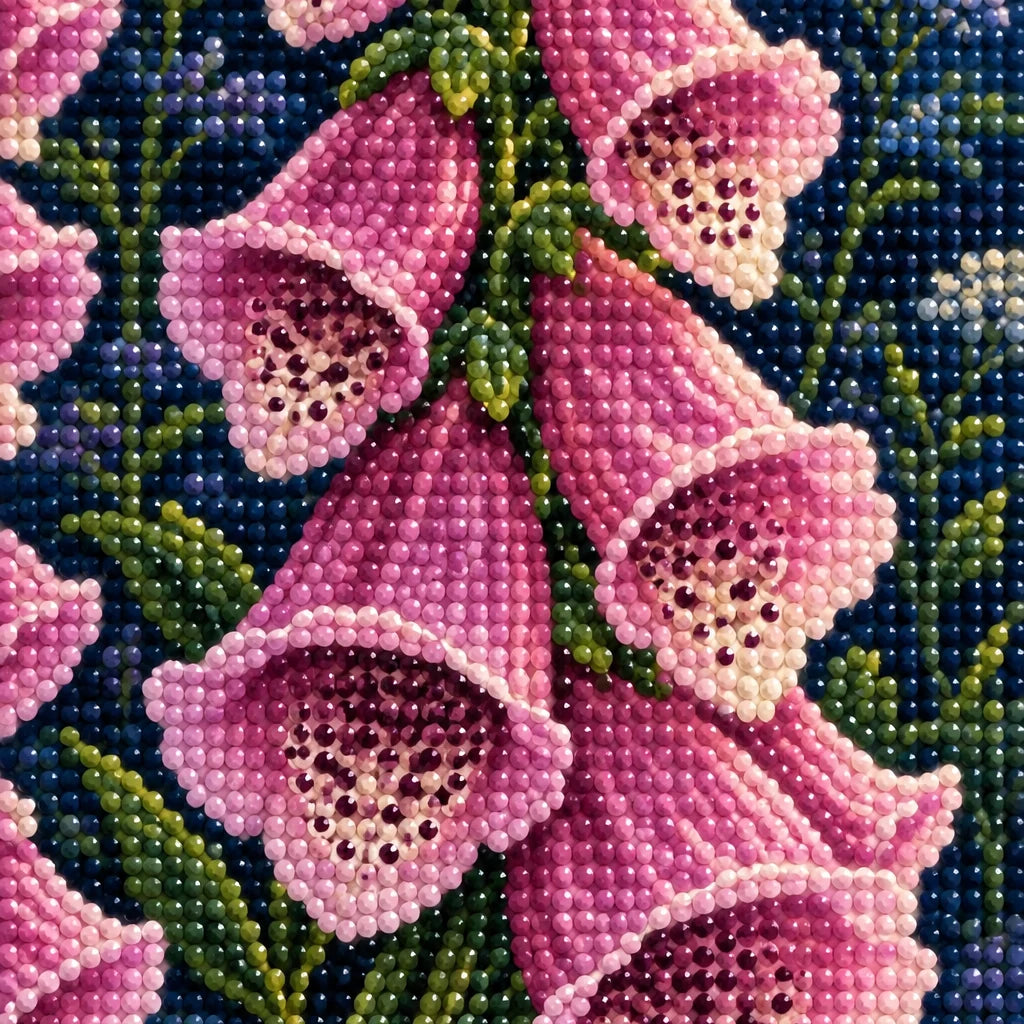 Pink and ivory foxgloves beneath a full moon with a golden moth: close-up of the diamond drills