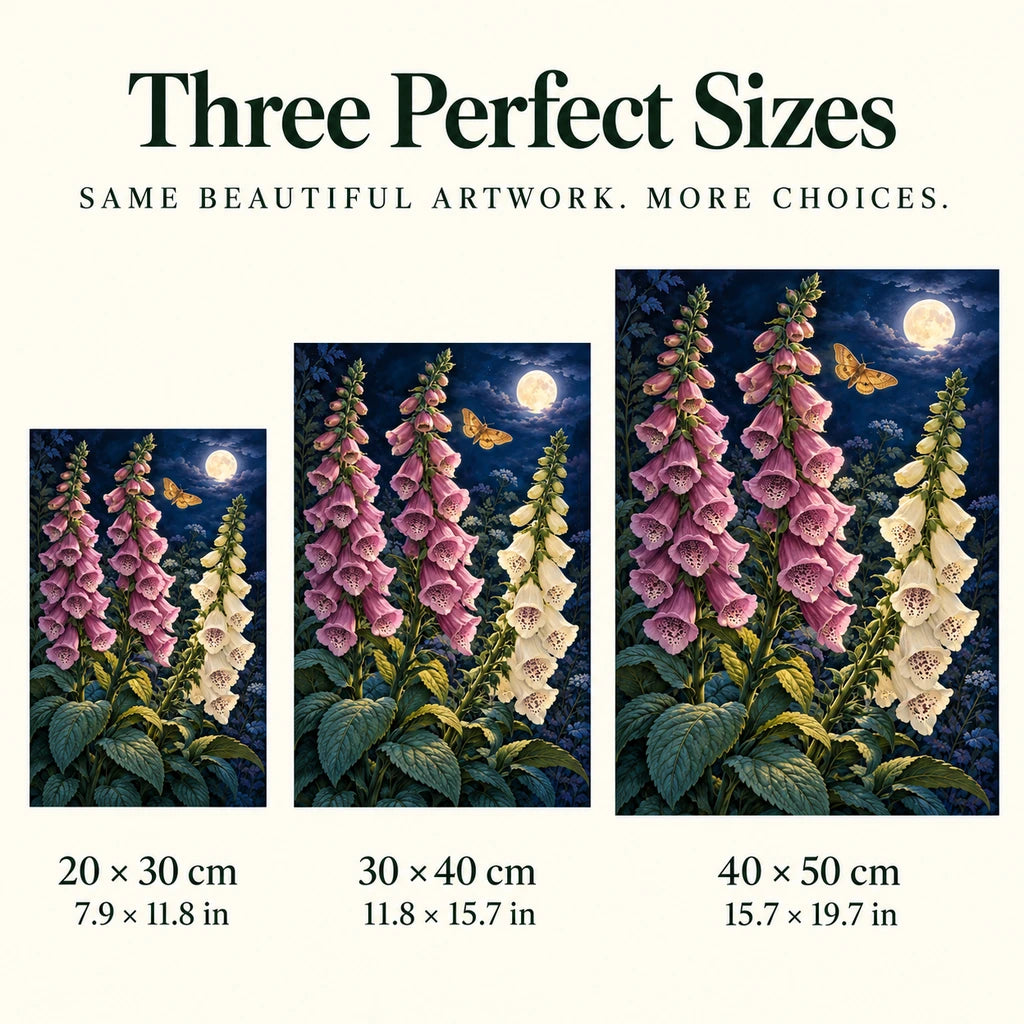 Pink and ivory foxgloves beneath a full moon with a golden moth: three available size guide