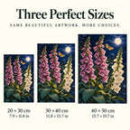 Pink and ivory foxgloves beneath a full moon with a golden moth: three available size guide