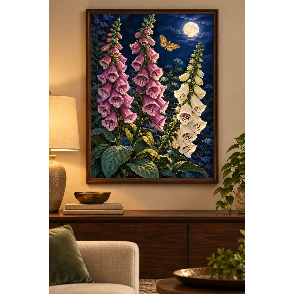 Pink and ivory foxgloves beneath a full moon with a golden moth: displayed as home wall decor