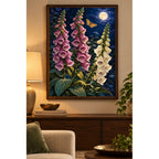 Pink and ivory foxgloves beneath a full moon with a golden moth: displayed as home wall decor