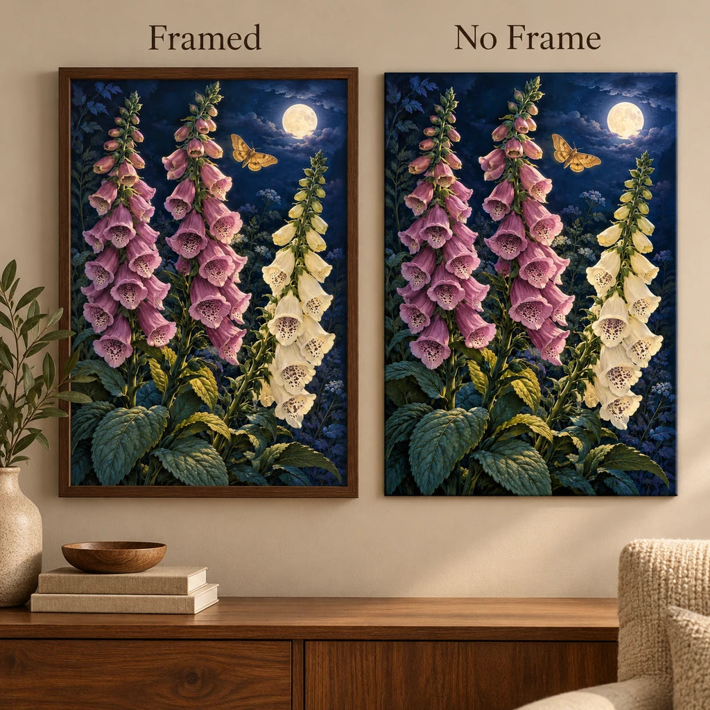 Pink and ivory foxgloves beneath a full moon with a golden moth: framed and no-frame style comparison
