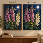 Pink and ivory foxgloves beneath a full moon with a golden moth: framed and no-frame style comparison