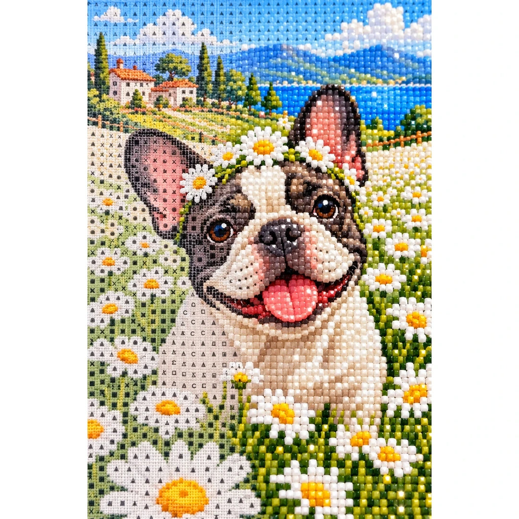 French Bulldog Daisy Field Diamond Painting Kit diamond and canvas detail