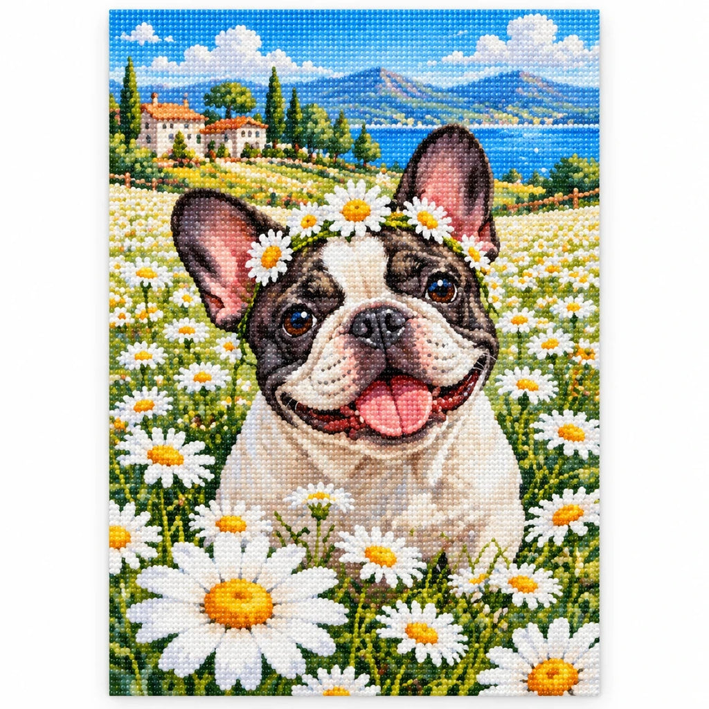 French Bulldog Daisy Field Diamond Painting Kit finished diamond artwork on white background