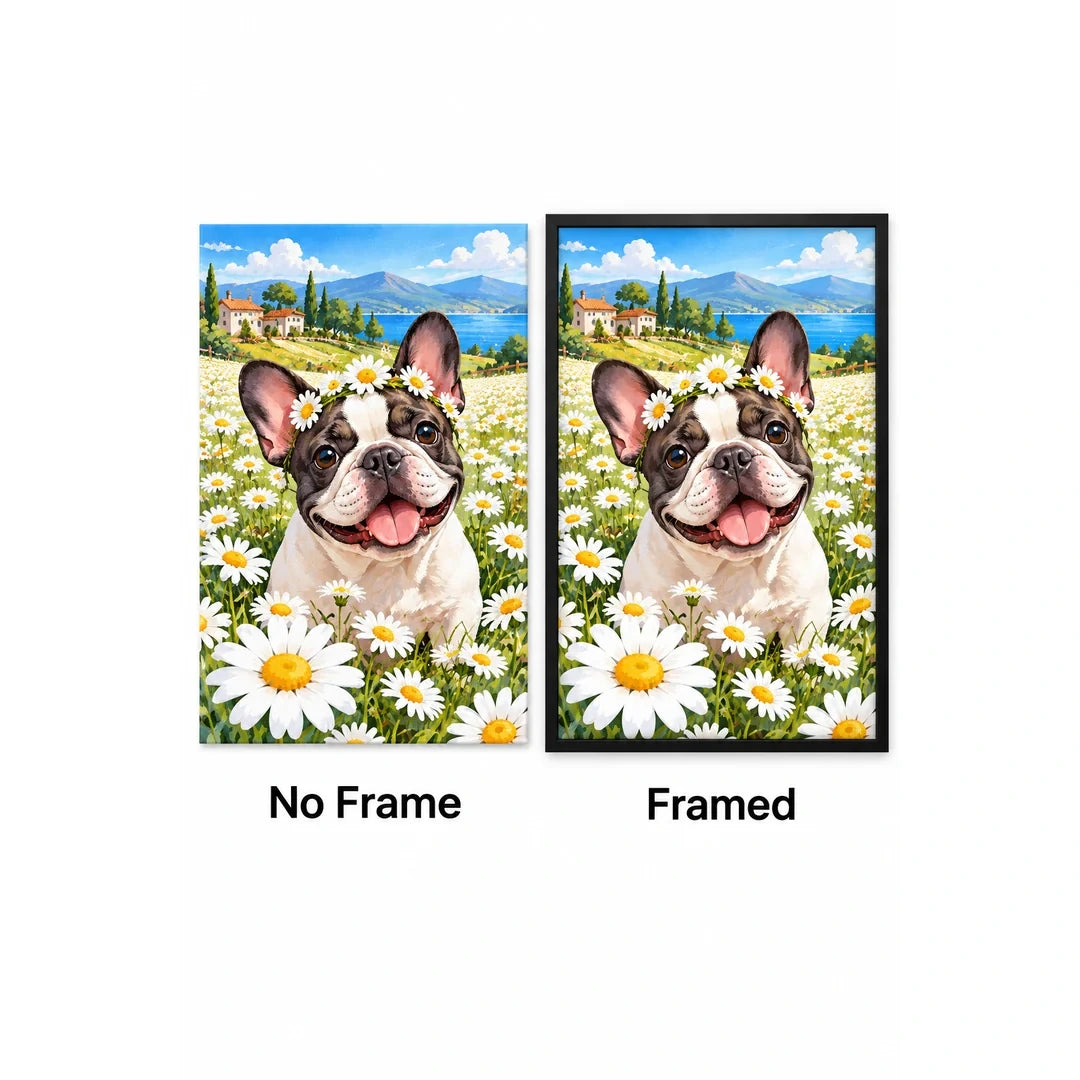 French Bulldog Daisy Field Diamond Painting Kit No Frame and Framed comparison