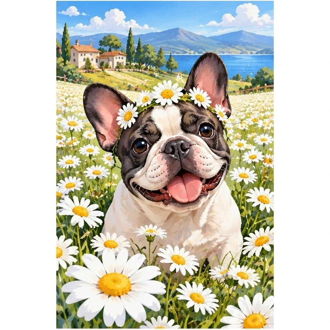 French Bulldog Daisy Field original artwork on white background