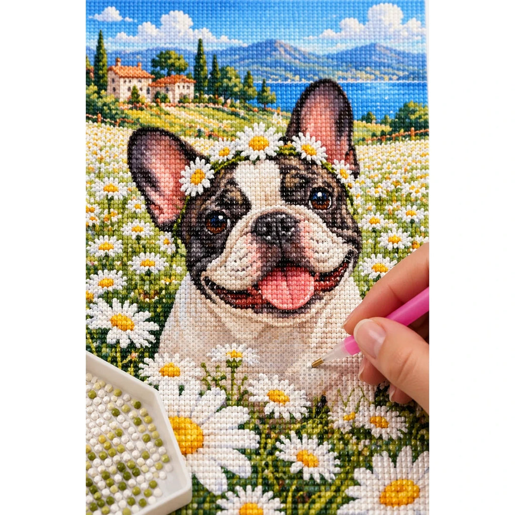 French Bulldog Daisy Field Diamond Painting Kit diamond placement process