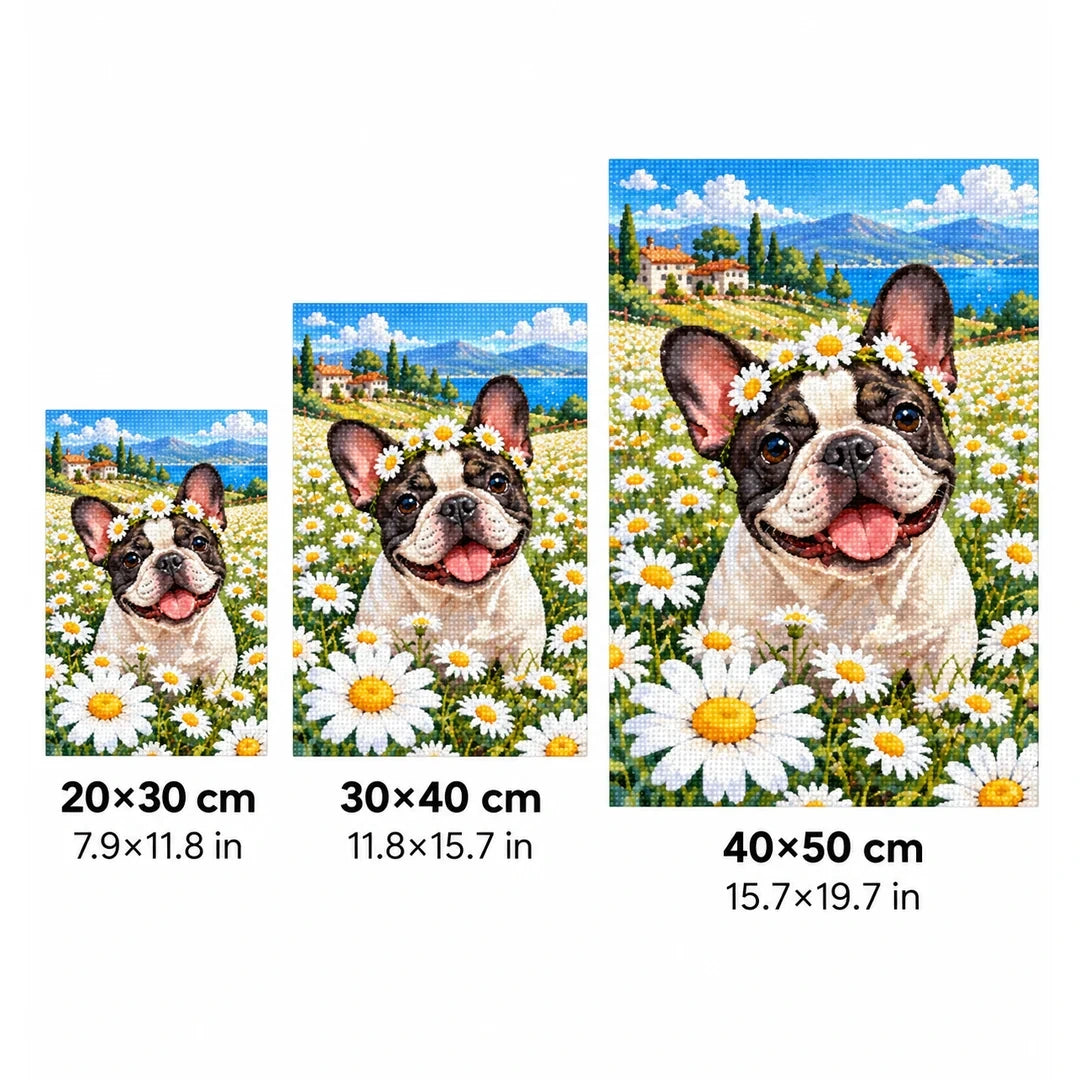 French Bulldog Daisy Field Diamond Painting Kit size guide