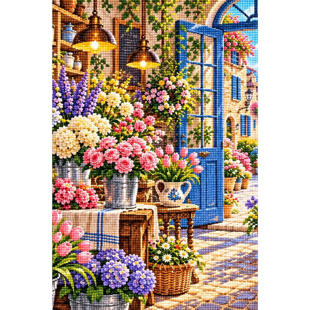 French Flower Shop Interior — finished diamond painting on a white background